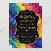 虹とゴールドのグリッター アルコール インク 21歳の誕生日 招待状 (正面/裏面)