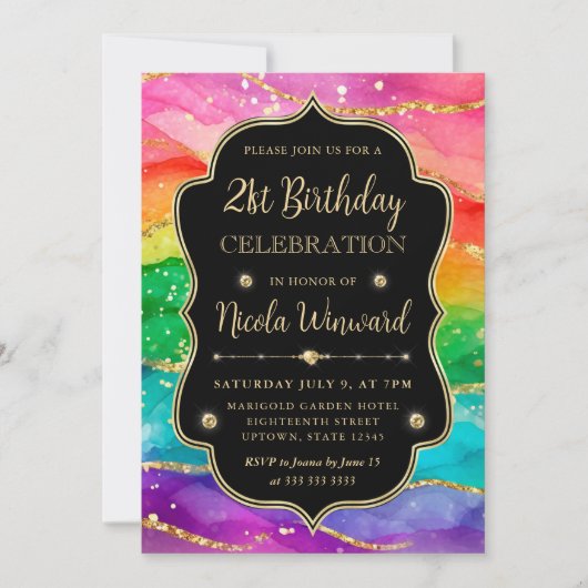 虹とゴールドのグリッター アルコール インク 21歳の誕生日 招待状 (正面)
