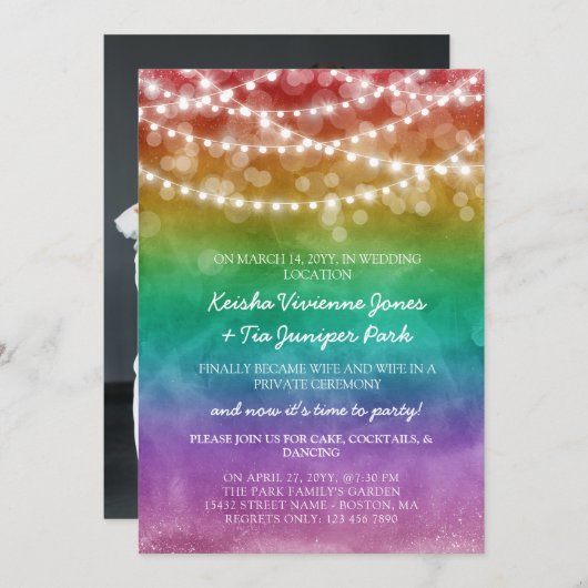 虹とストリングライトの結婚後のお祝いの会 案内状 (正面/裏面)