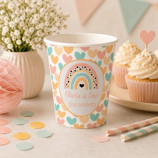 虹とハートの1歳の誕生日パーティー 紙コップ
