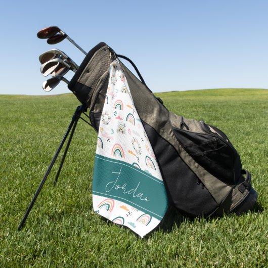 虹とハートパターン ゴルフタオル (グリーン)