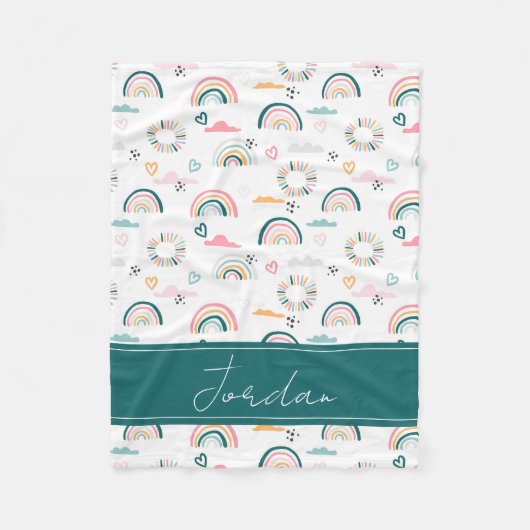 虹とハートパターン フリースブランケット (正面)