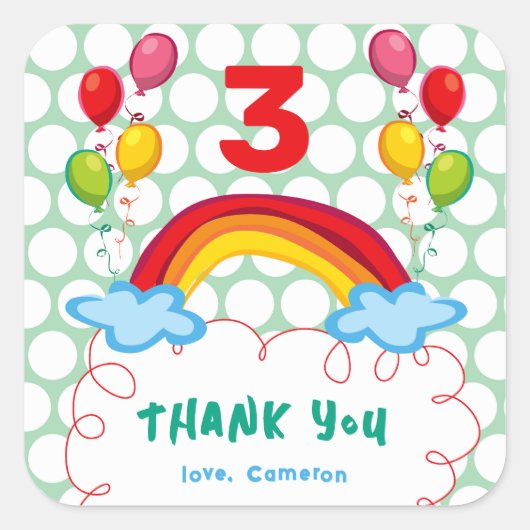 虹とバルーン子供の誕生日パーティーの好意 スクエアシール (正面)