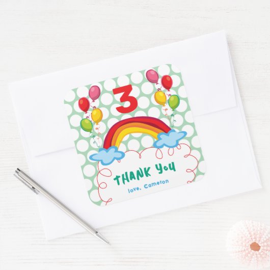虹とバルーン子供の誕生日パーティーの好意 スクエアシール (封筒)