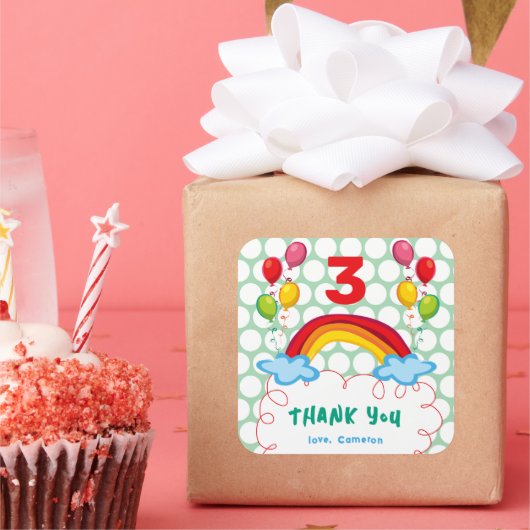虹とバルーン子供の誕生日パーティーの好意 スクエアシール (パーティー)