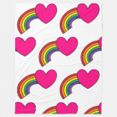 虹とホットピンクハート付き白い毛布 フリースブランケット (正面)