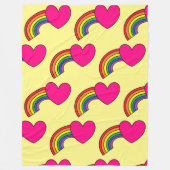 虹とホットピンク色のハート付きイエローブランケット フリースブランケット (正面)