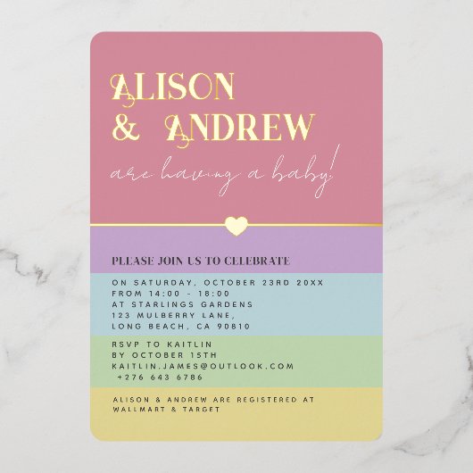 虹とモダン金ゴールドカップルの赤ちゃんシャワー 箔招待状 (正面)