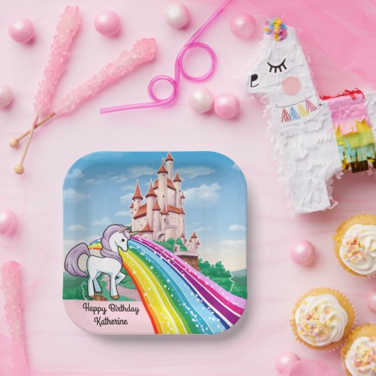 虹とユニコーン女の子の誕生日パーティー ペーパープレート (パーティー)