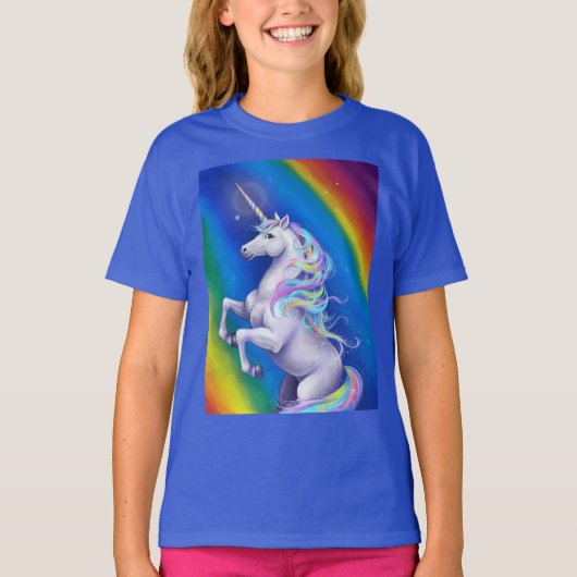 虹と共に描かれたユニコーン Tシャツ (正面)