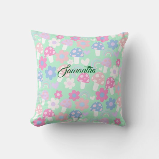 虹と可愛いキノコと花 クッション (正面)