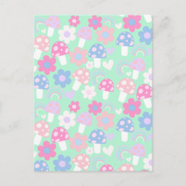 虹と可愛いキノコと花 ポストカード