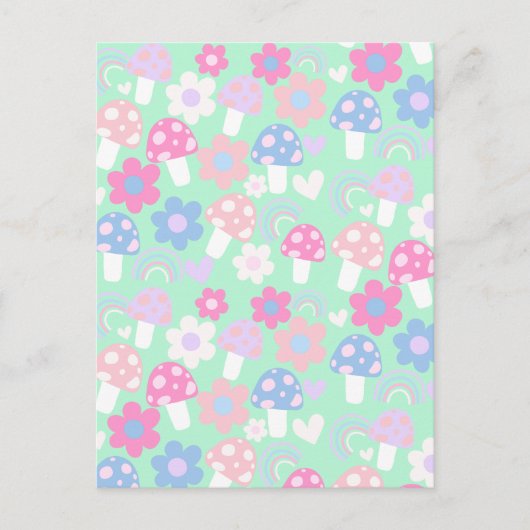 虹と可愛いキノコと花 ポストカード (正面)