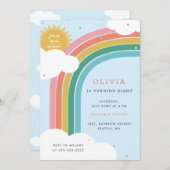 虹と太陽と雲の子供の誕生日 明るい青 招待状 (正面/裏面)