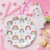 虹と太陽の誕生日ピンクと紫のパーティー ペーパープレート (パーティー)