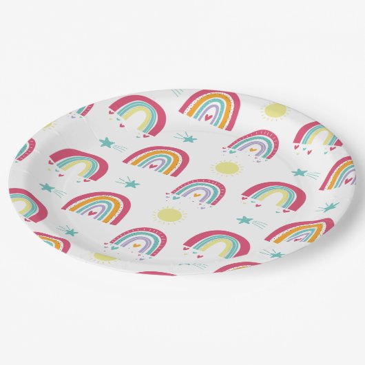 虹と太陽の誕生日ピンクと紫のパーティー ペーパープレート (アングル)