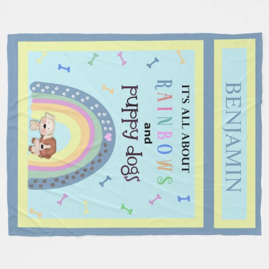 虹と子犬かわいいフリースブランケット フリースブランケット (正面(横))