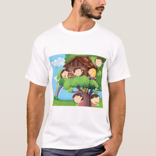 虹と幸せな子供たちとキッズツリーハウス Tシャツ (正面)