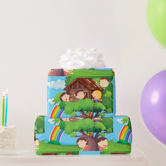 虹と幸せな子供たちと一緒にいる子供たちの木の家 ラッピングペーパー