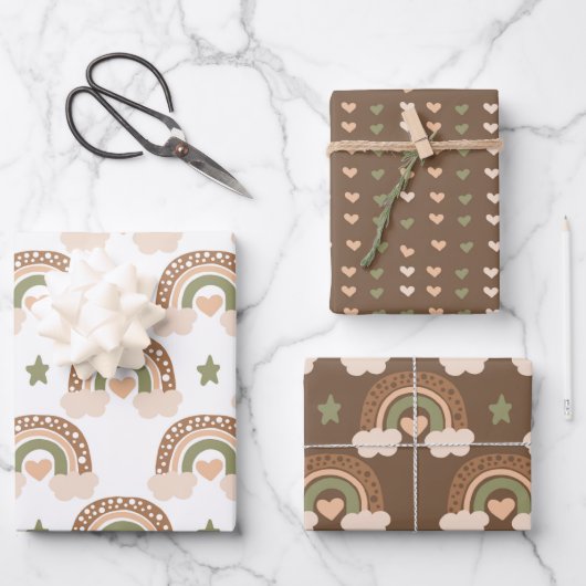 虹と愛のハートパターン ラッピングペーパーシート (正面)