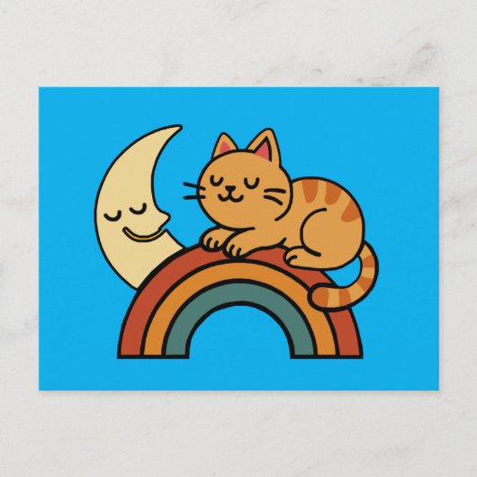 虹と月とで眠るかわいい猫  ポストカード (正面)