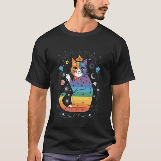 虹と月とクリスタルの宇宙猫 Tシャツ (正面)