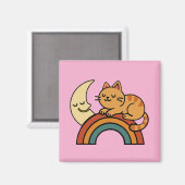 虹と月と一緒に眠るかわいい猫 – 笑顔の猫 マグネット (正面/裏面)