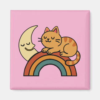 虹と月と一緒に眠るかわいい猫 – 笑顔の猫 マグネット