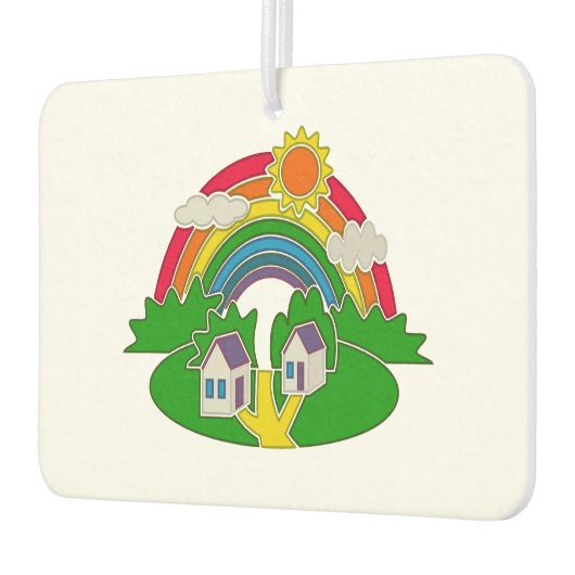 虹と田舎の家を持つ漫画の農村風景 カーエアーフレッシュナー (左)