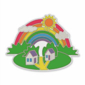 虹と田舎の家を持つ漫画の農村風景 シール (正面)