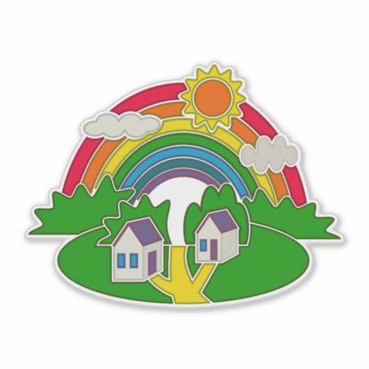 虹と田舎の家を持つ漫画の農村風景 シール (正面)