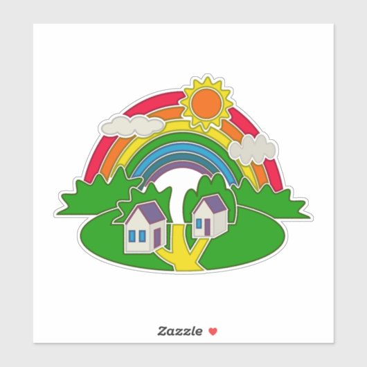 虹と田舎の家を持つ漫画の農村風景 シール (シート)