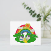 虹と田舎の家を持つ漫画の農村風景 ポストカード (スタンド正面)