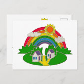 虹と田舎の家を持つ漫画の農村風景 ポストカード (正面/裏面)