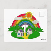虹と田舎の家を持つ漫画の農村風景 ポストカード (裏面)