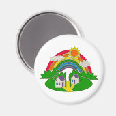 虹と田舎の家を持つ漫画の農村風景 マグネット (正面/裏面)