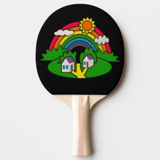虹と田舎の家を持つ漫画の農村風景 卓球ラケット (正面)