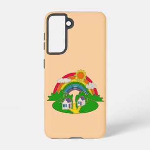 虹と田舎の家を持つ漫画の農村風景 SAMSUNG GALAXY S21ケース