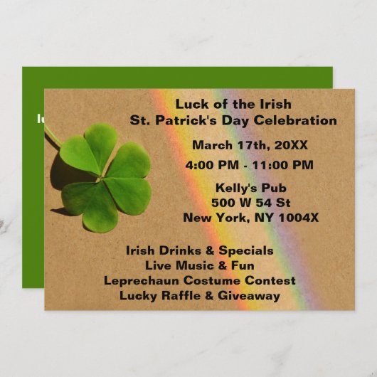 虹と緑のクローバーを飲むアイルランドの楽しみ 招待状 (正面/裏面)