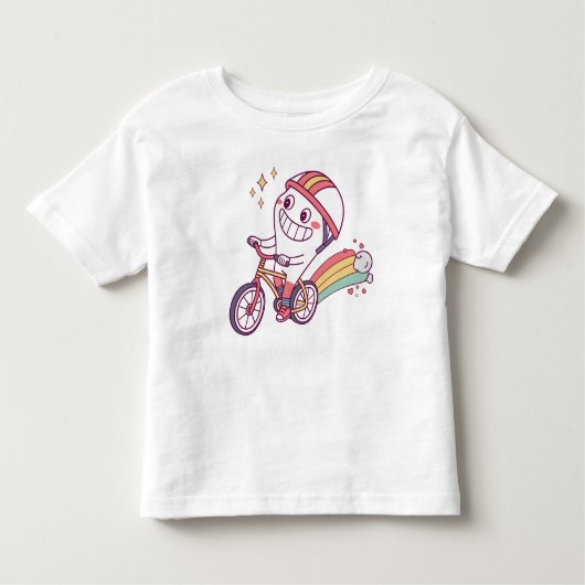 虹と自転車の陽気な漫画のキャラクター トドラーTシャツ (正面)