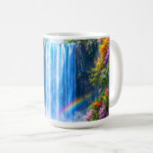 虹と色とりどりの花の魔法の滝 コーヒーマグカップ (正面右)