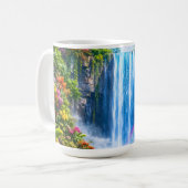 虹と色とりどりの花の魔法の滝 コーヒーマグカップ (正面左)