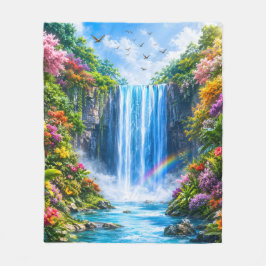 虹と色とりどりの花の魔法の滝 フリースブランケット