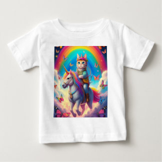 虹と蝶と一緒にユニコーンに乗った猫 ベビーTシャツ