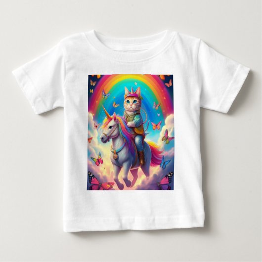虹と蝶と一緒にユニコーンに乗った猫 ベビーTシャツ (正面)