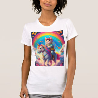 虹と蝶と一緒にユニコーンに乗った猫 Tシャツ