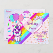 虹と蝶のユニコーンの女の子の誕生日パーティー招待状 ポストカード (正面/裏面)