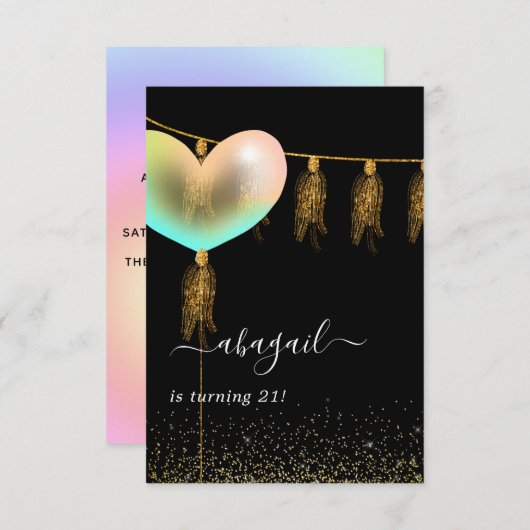 虹と金ゴールドと黒の誕生日パーティインビタティ 招待状 (正面/裏面)