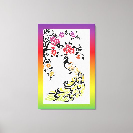 虹と黒の孔雀とさくらんぼの花 キャンバスプリント (正面)