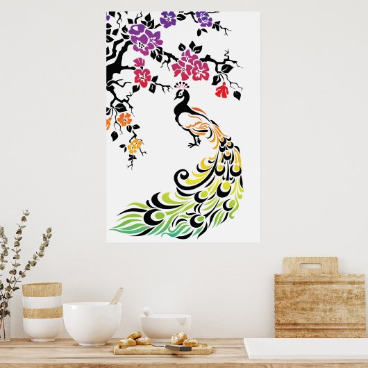 虹と黒の孔雀とさくらんぼの花 ポスター (キッチン)